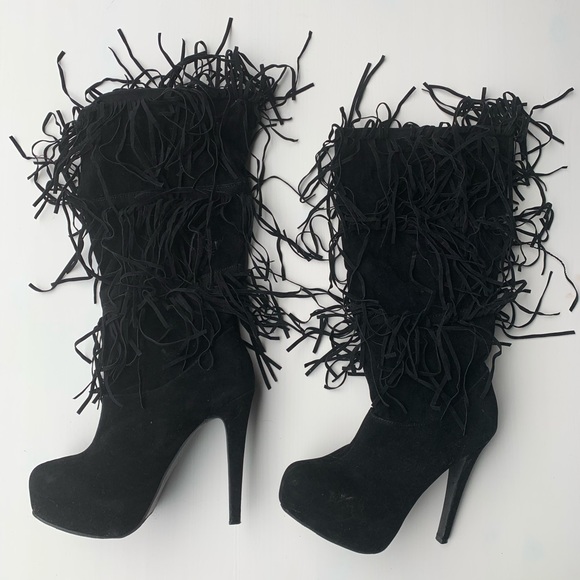 Shoes - 🌿 5/$25 Sale Tall Black Stiletto Fringe Boots